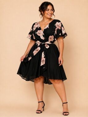 Plus Size Black Floral Wrap Dress with Pink Blooms